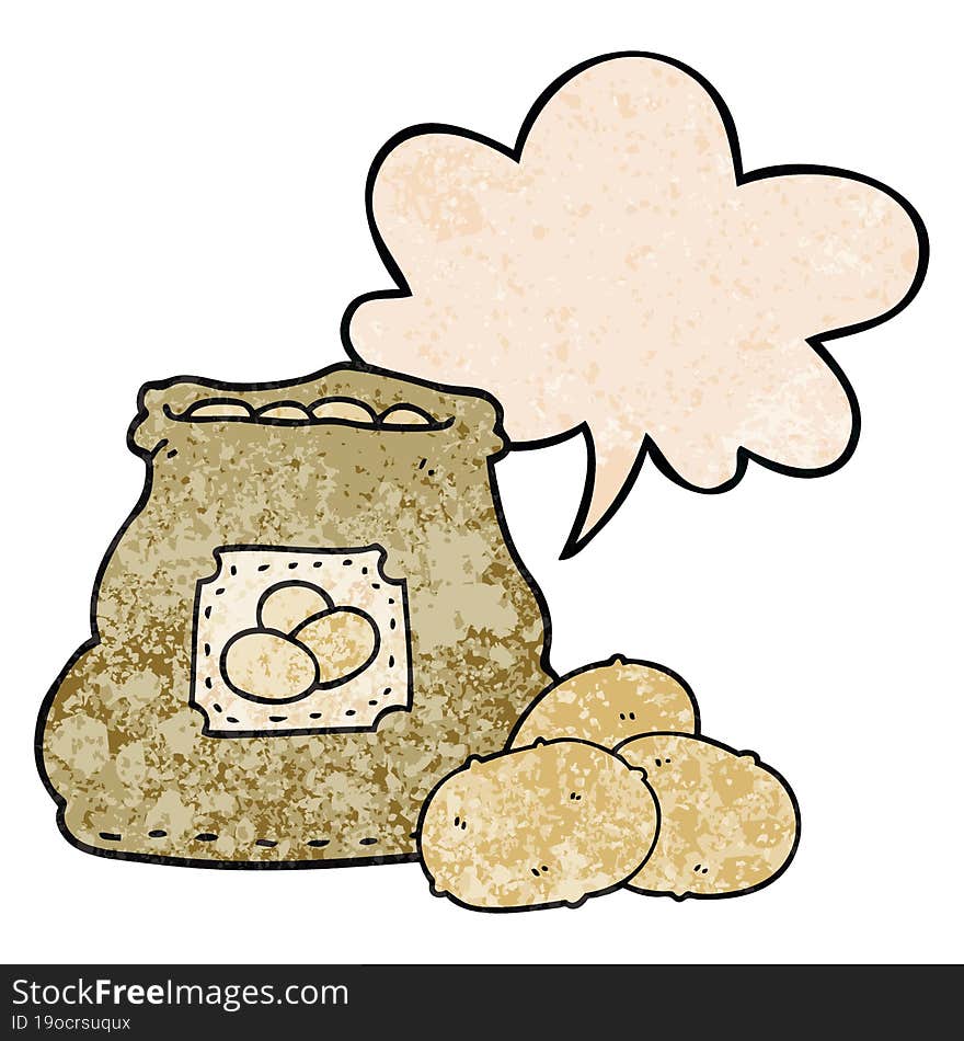 cartoon bag of potatoes and speech bubble in retro texture style