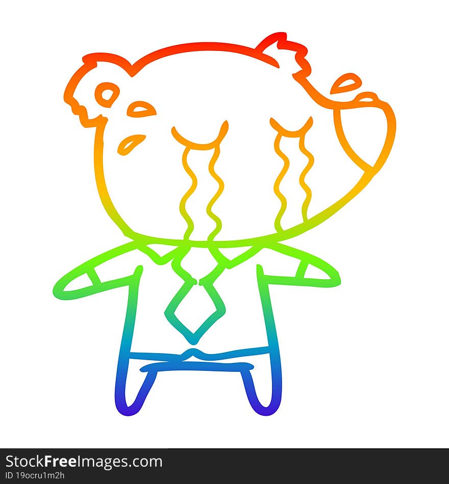 rainbow gradient line drawing of a cartoon crying bear in shirt