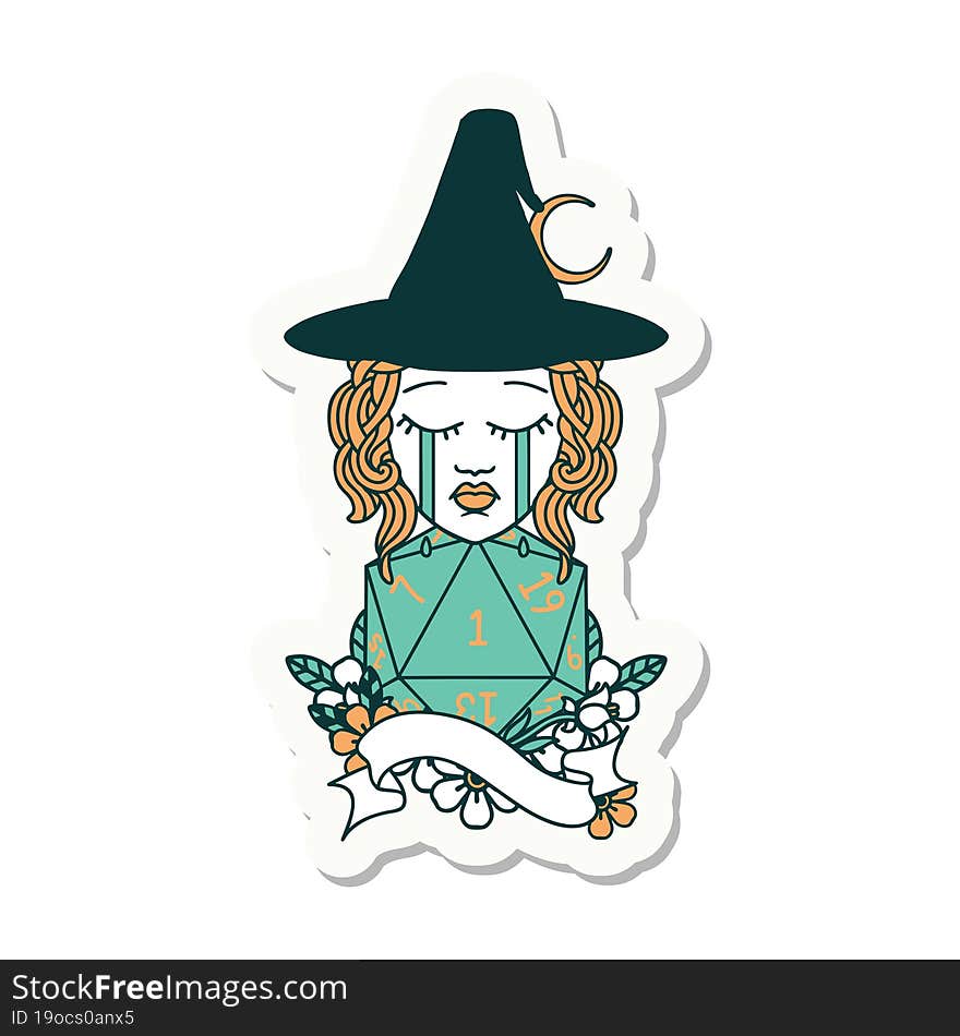 human witch with natural one D20 roll sticker