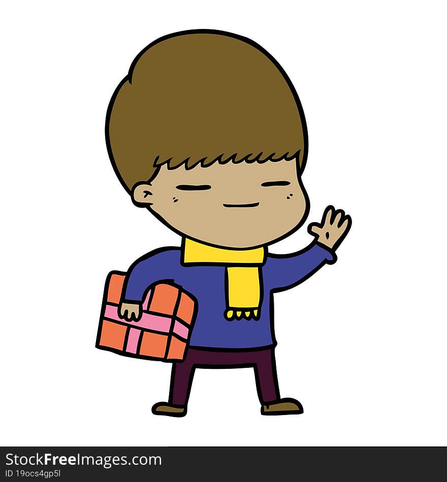 cartoon smug boy carrying present. cartoon smug boy carrying present