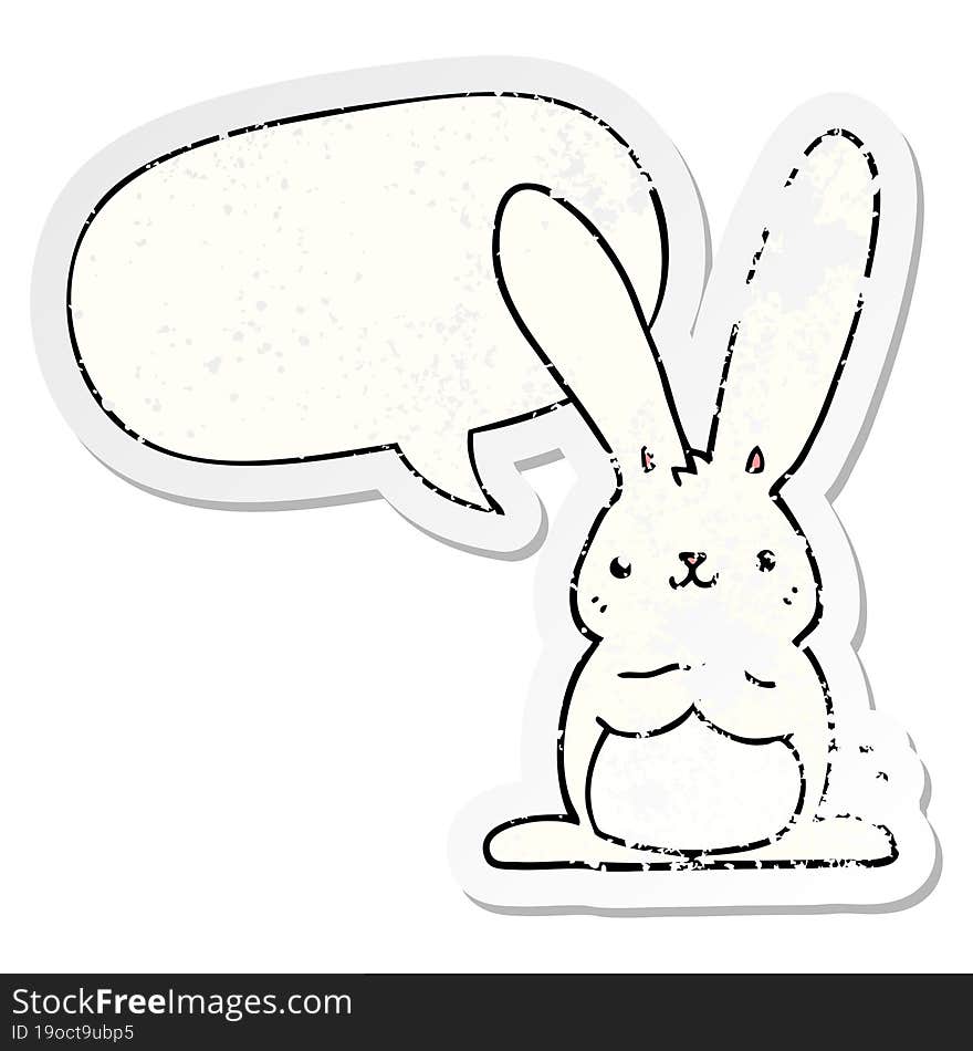 cartoon rabbit with speech bubble distressed distressed old sticker. cartoon rabbit with speech bubble distressed distressed old sticker