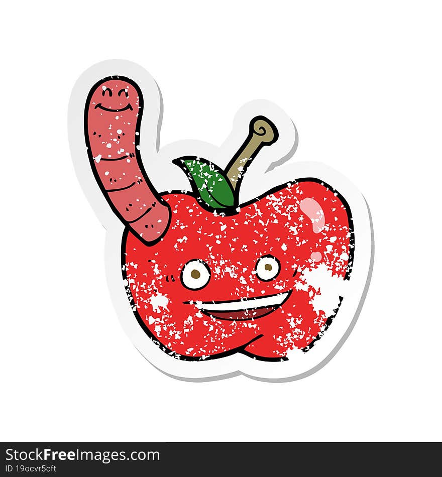 Retro Distressed Sticker Of A Cartoon Apple With Worm