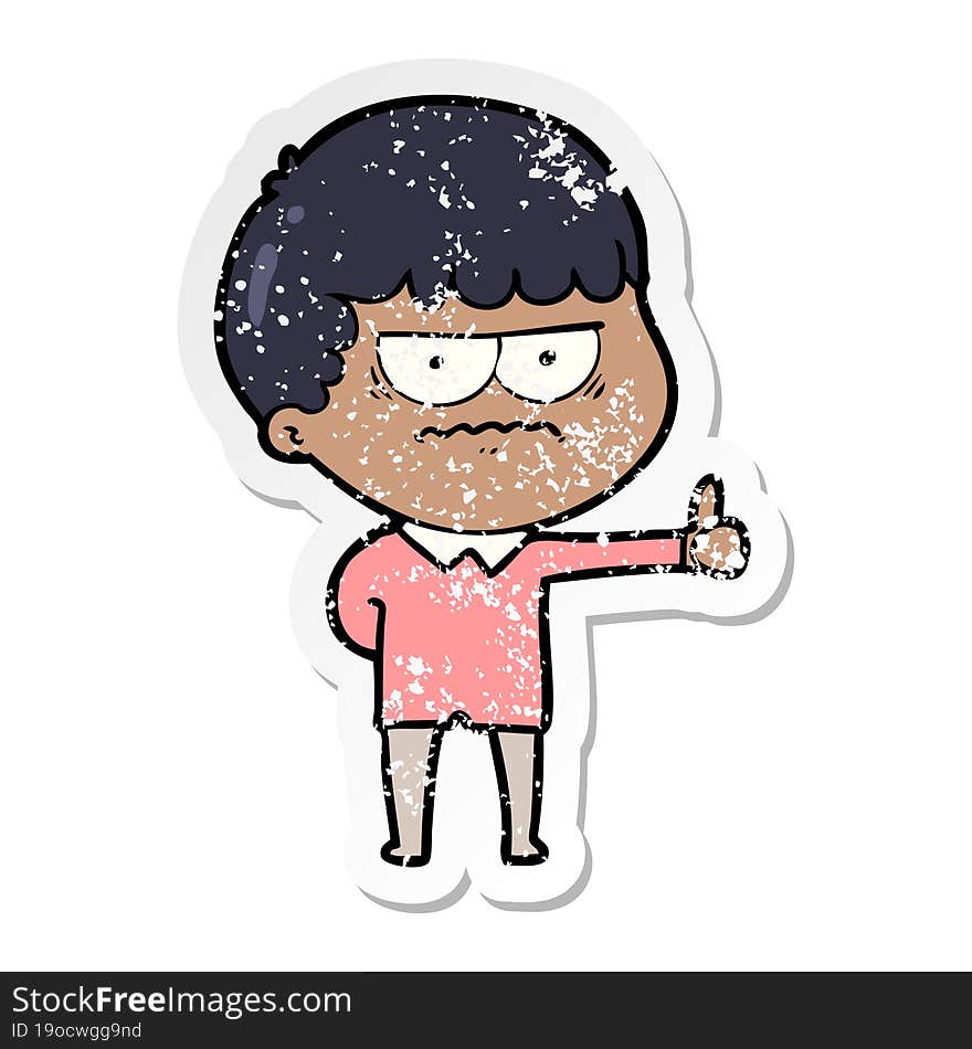 distressed sticker of a cartoon annoyed man