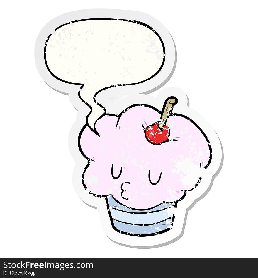 Funny Cartoon Cupcake And Speech Bubble Distressed Sticker