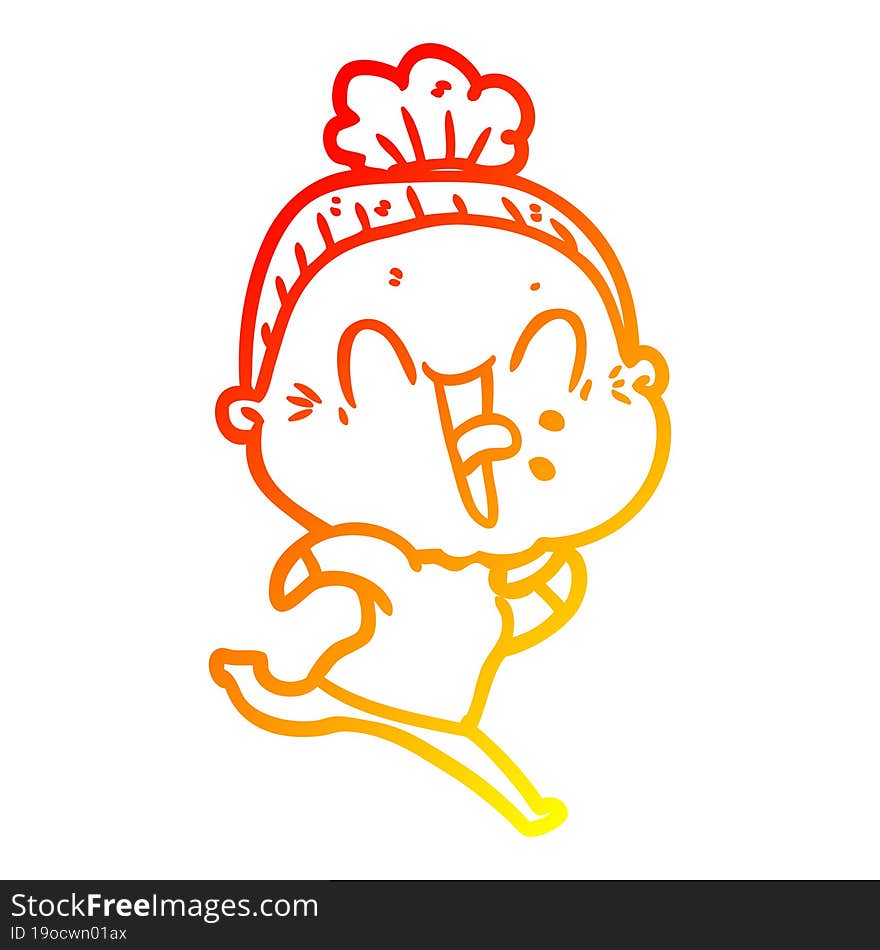 warm gradient line drawing of a cartoon happy old woman