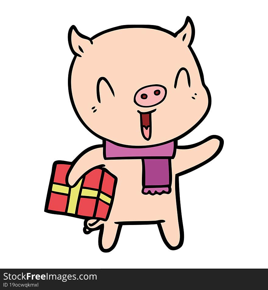 happy cartoon pig with xmas present. happy cartoon pig with xmas present