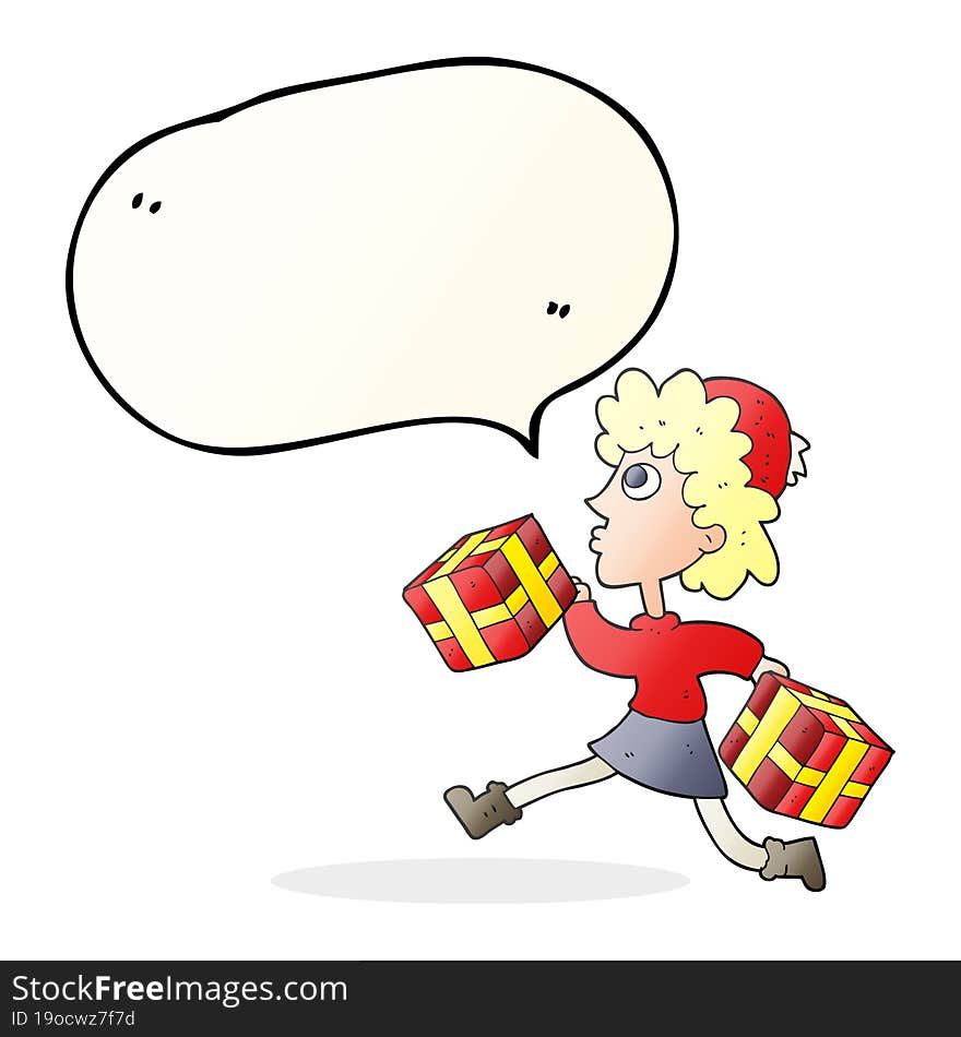 freehand drawn speech bubble cartoon running woman with presents