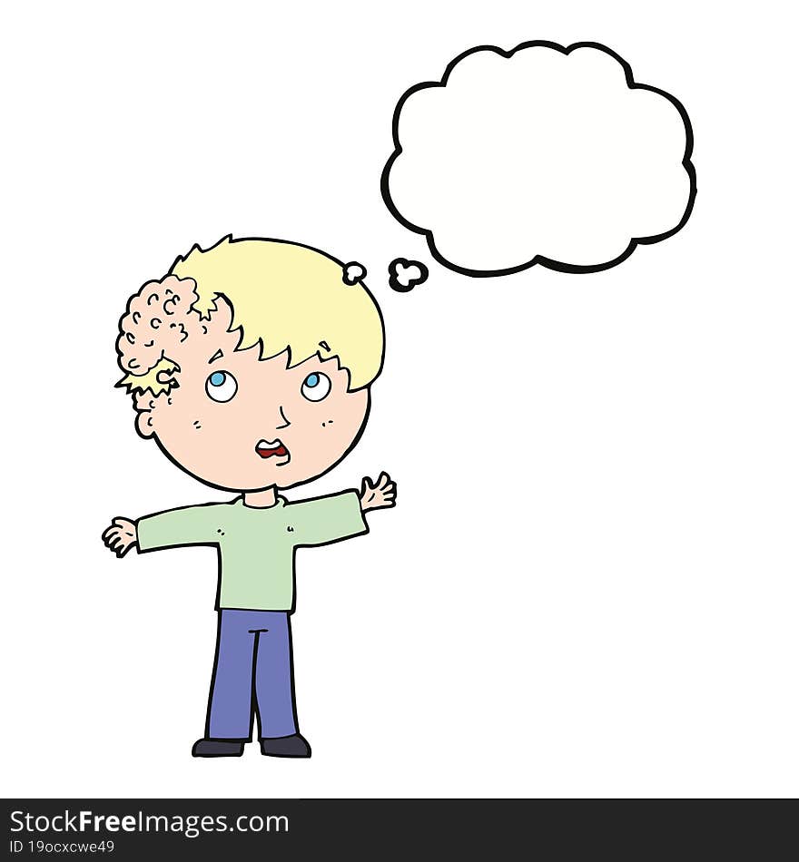 cartoon boy with growth on head with thought bubble