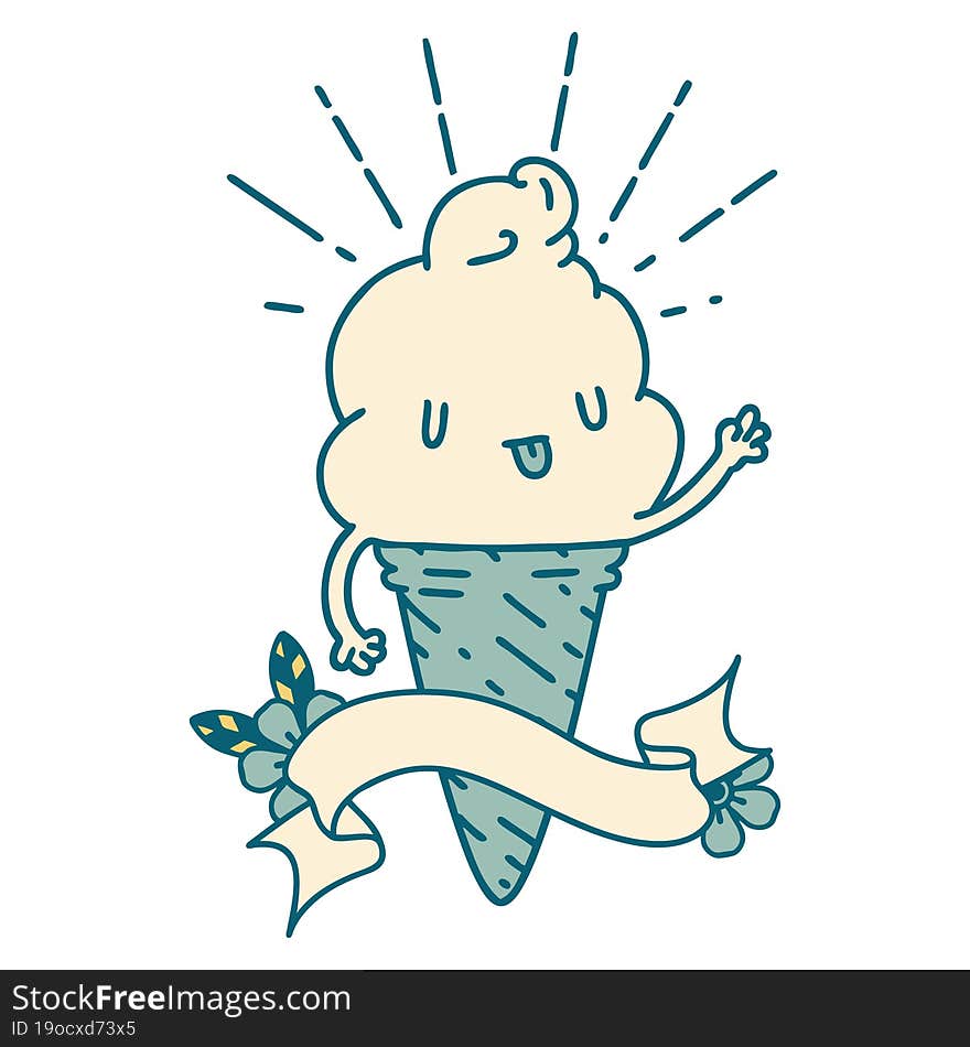 banner with tattoo style ice cream character waving