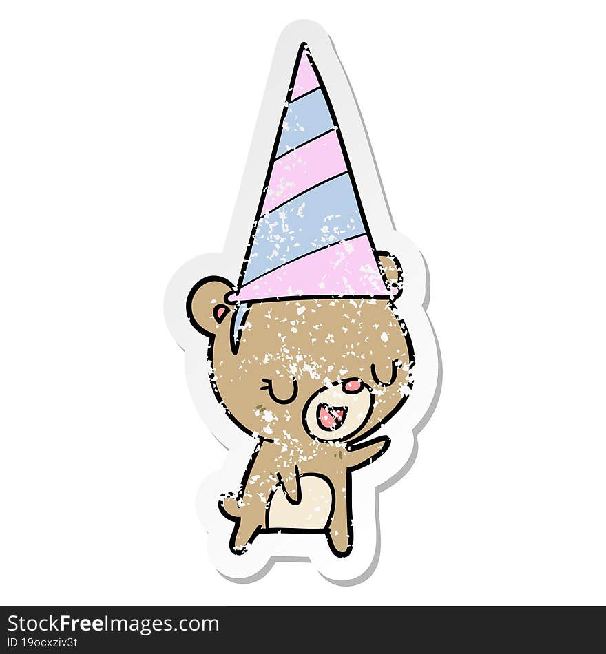 distressed sticker of a cartoon bear wearing party hat