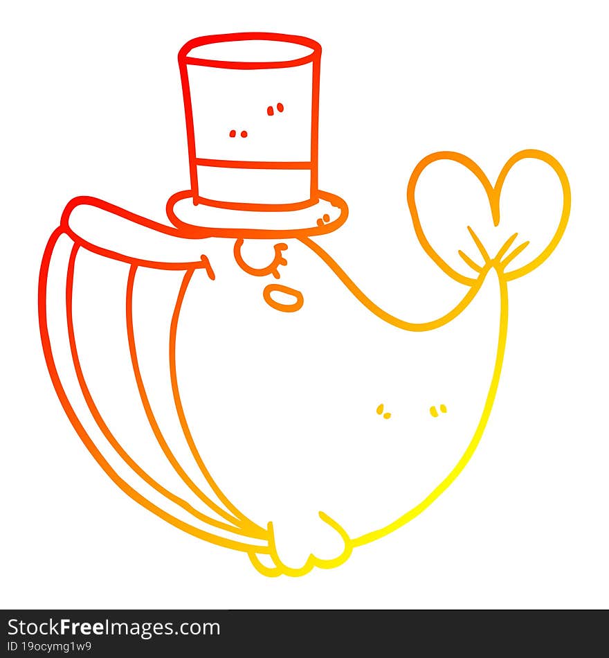 warm gradient line drawing cartoon whale with top hat