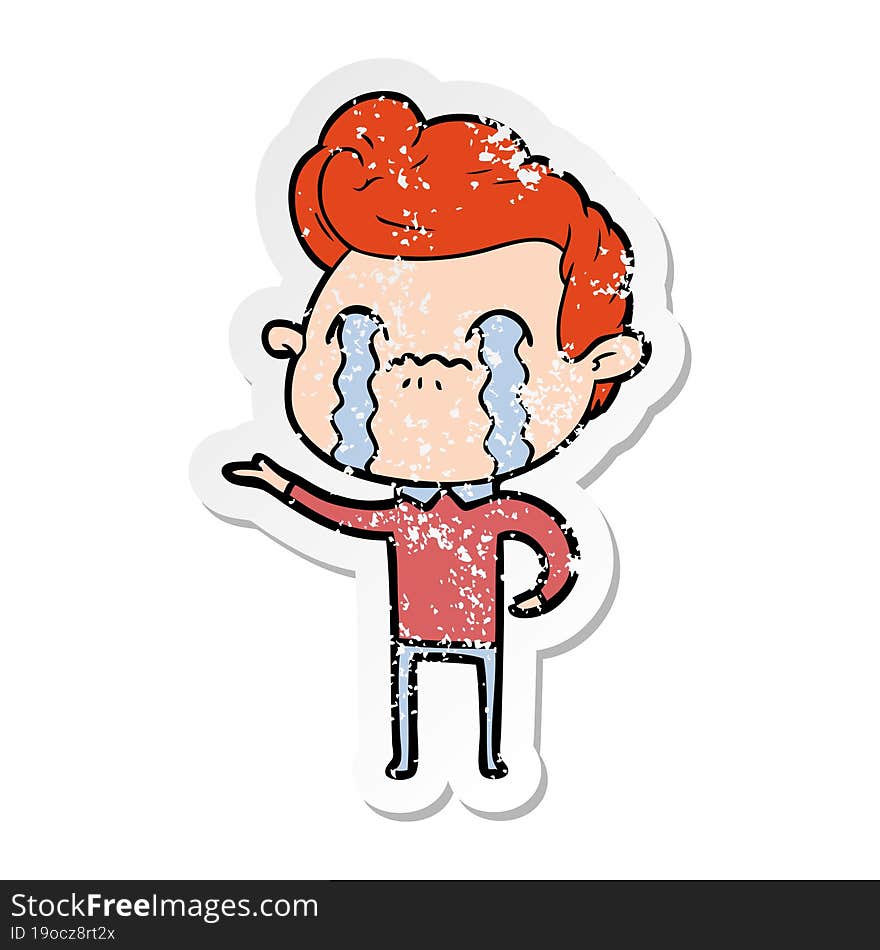 distressed sticker of a cartoon man crying