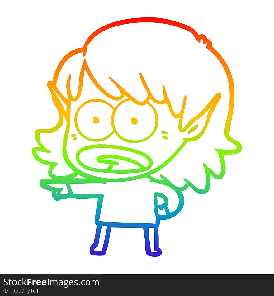 Rainbow Gradient Line Drawing Cartoon Shocked Elf Girl