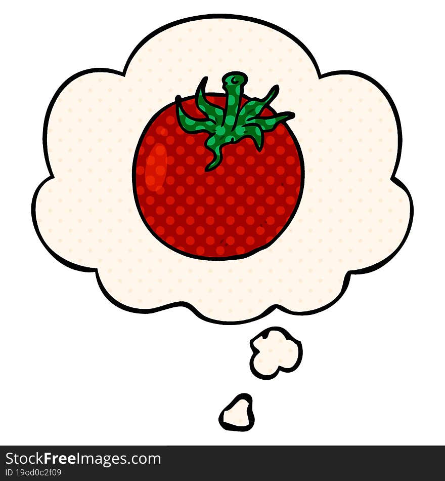 cartoon tomato with thought bubble in comic book style