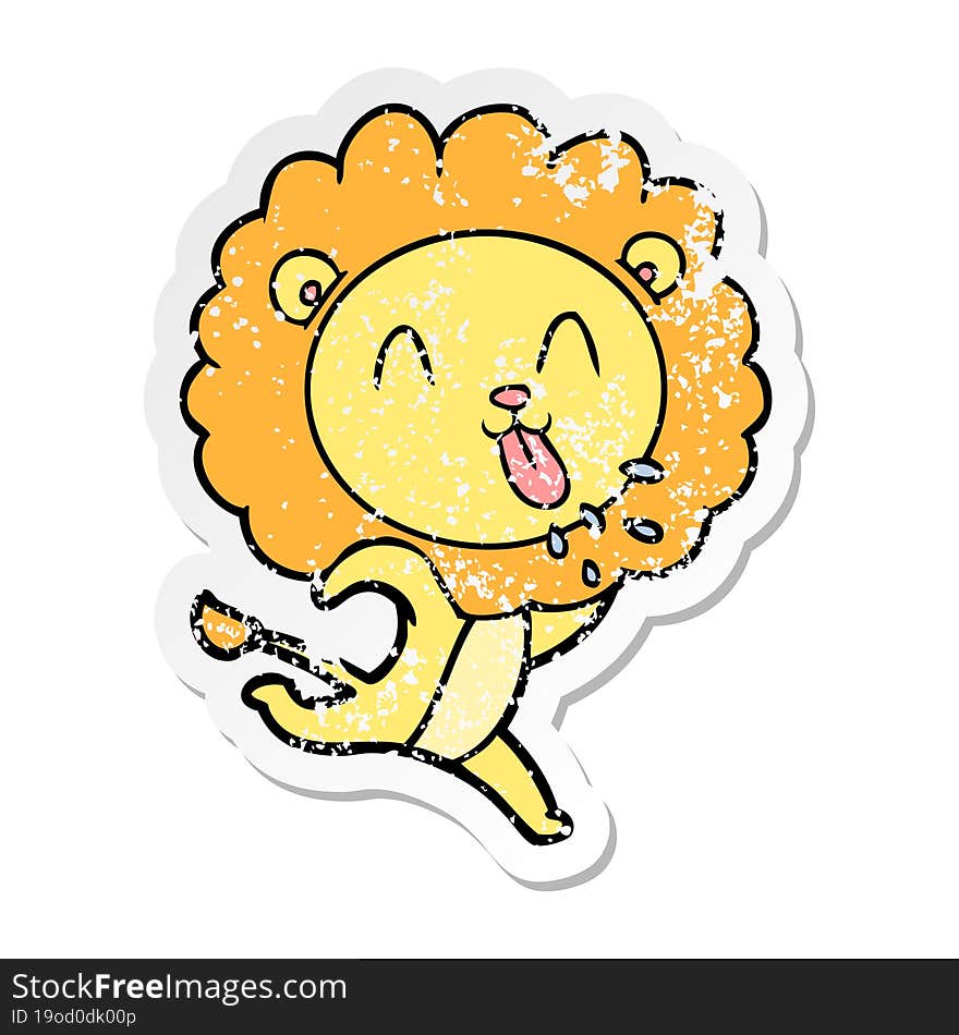 distressed sticker of a happy cartoon lion