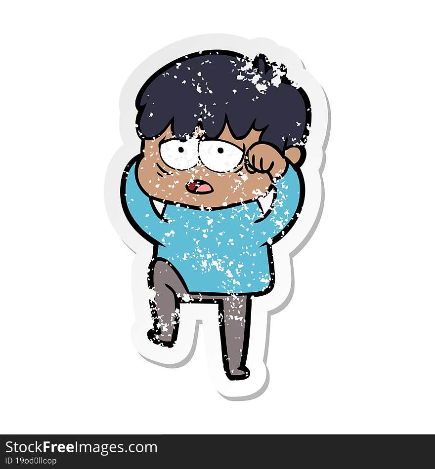 distressed sticker of a cartoon exhausted boy