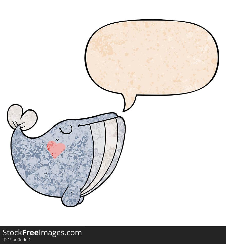 cartoon whale and love heart and speech bubble in retro texture style