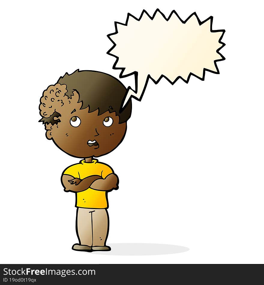 cartoon boy with growth on head with speech bubble