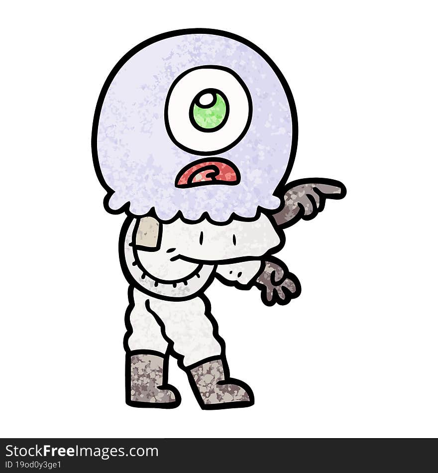 cartoon cyclops alien spaceman pointing. cartoon cyclops alien spaceman pointing