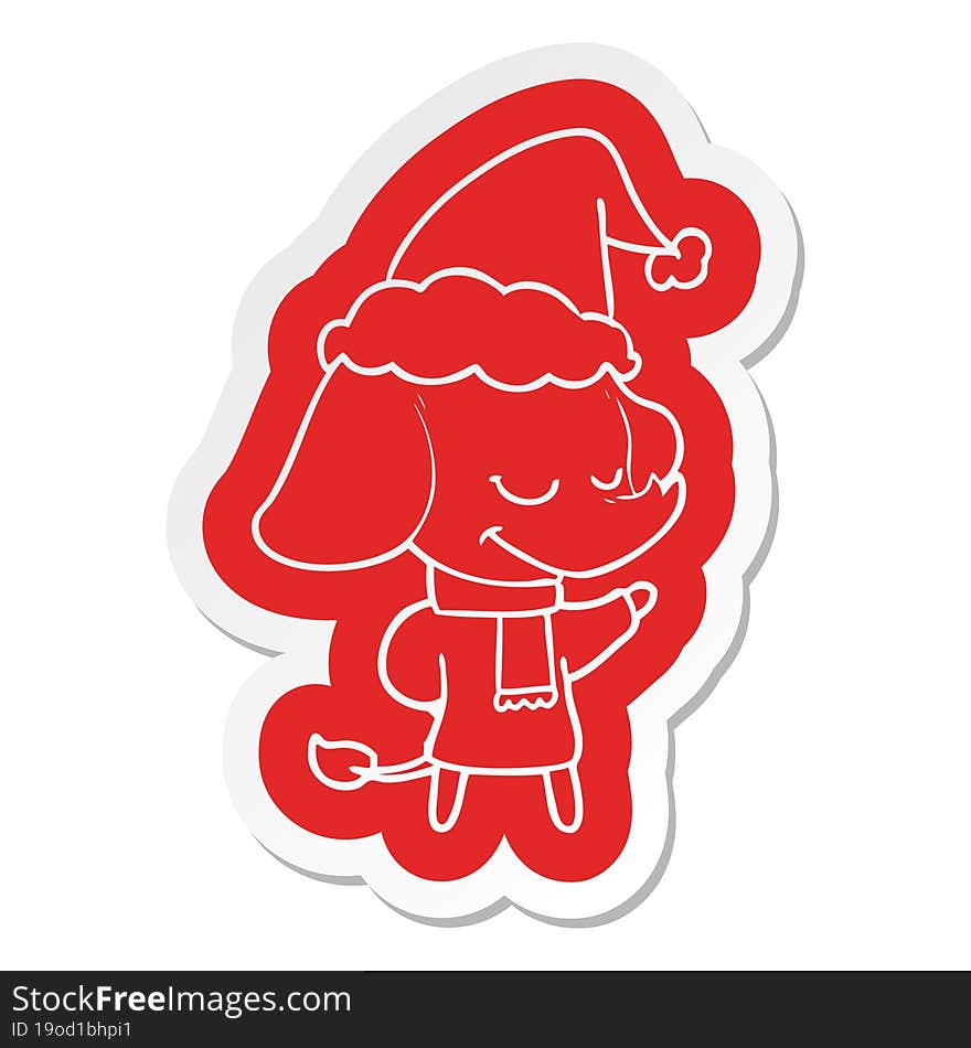 Cartoon  Sticker Of A Smiling Elephant Wearing Scarf Wearing Santa Hat