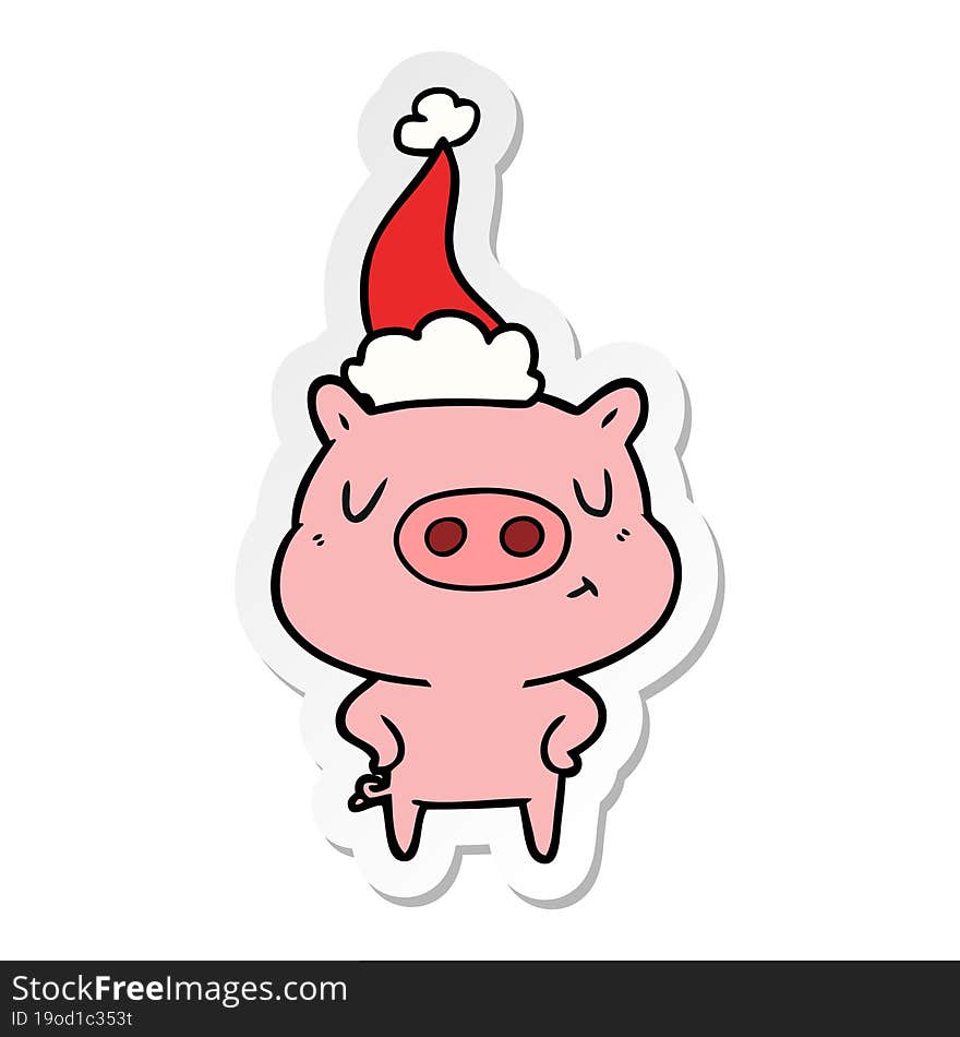 sticker cartoon of a content pig wearing santa hat