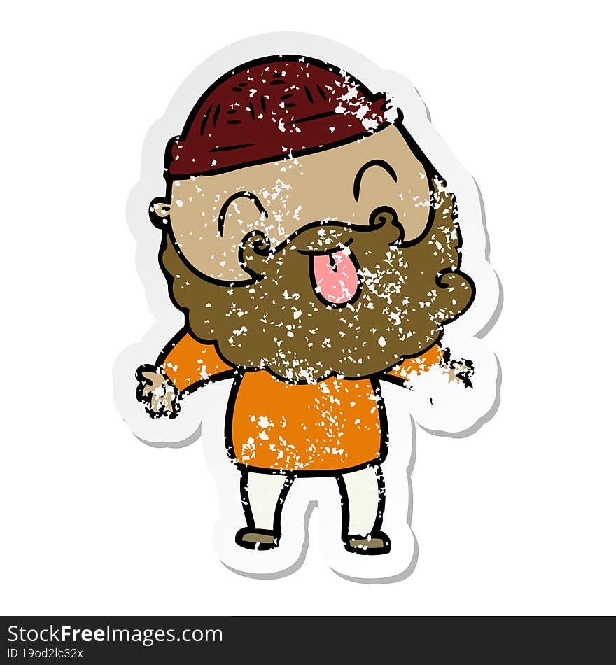 distressed sticker of a man with beard sticking out tongue