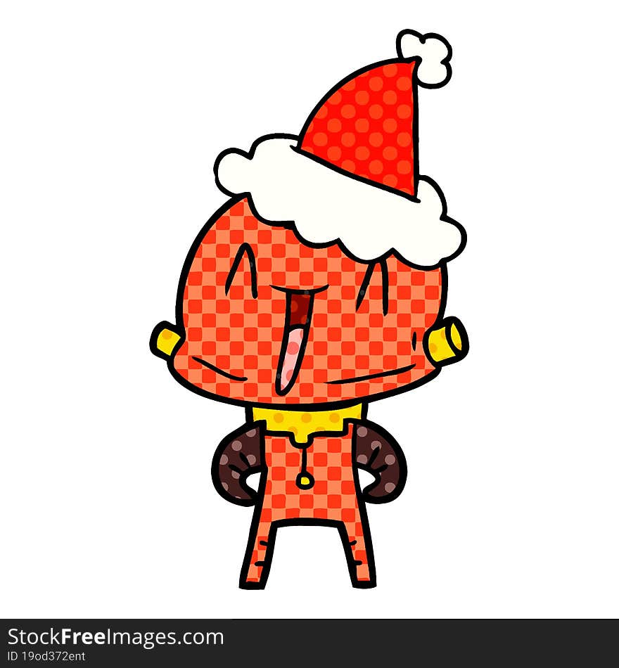 comic book style illustration of a robot wearing santa hat