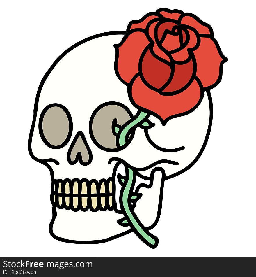 tattoo in traditional style of a skull and rose. tattoo in traditional style of a skull and rose