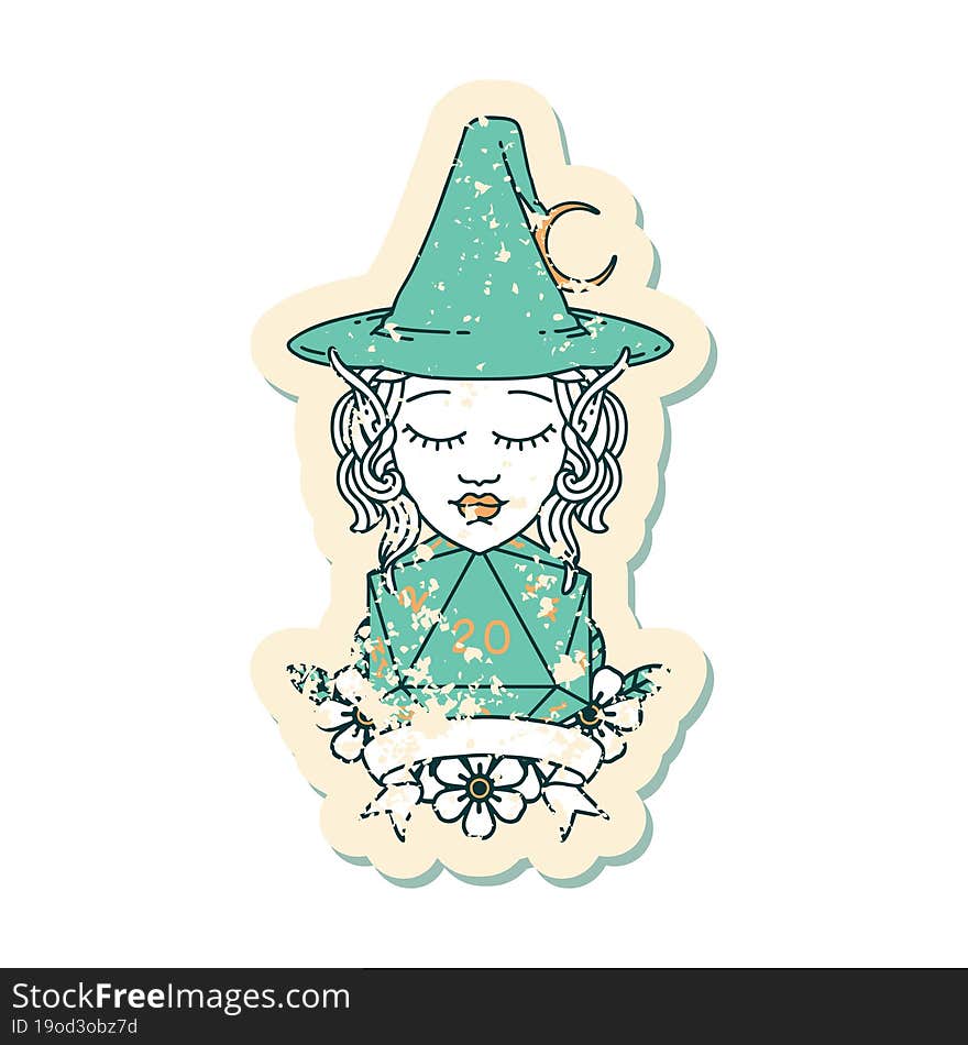 Retro Tattoo Style elf mage character with natural twenty dice roll. Retro Tattoo Style elf mage character with natural twenty dice roll