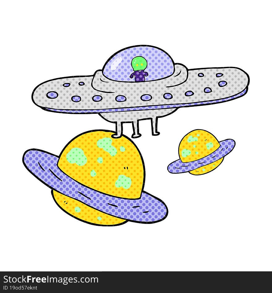 cartoon flying saucer in space