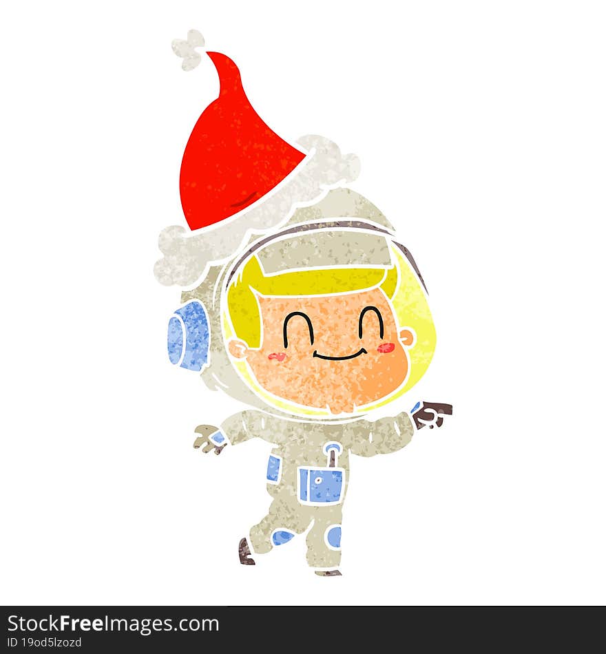 happy retro cartoon of a astronaut man wearing santa hat