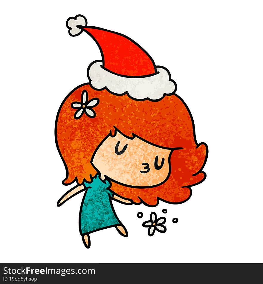 hand drawn christmas textured cartoon of kawaii girl