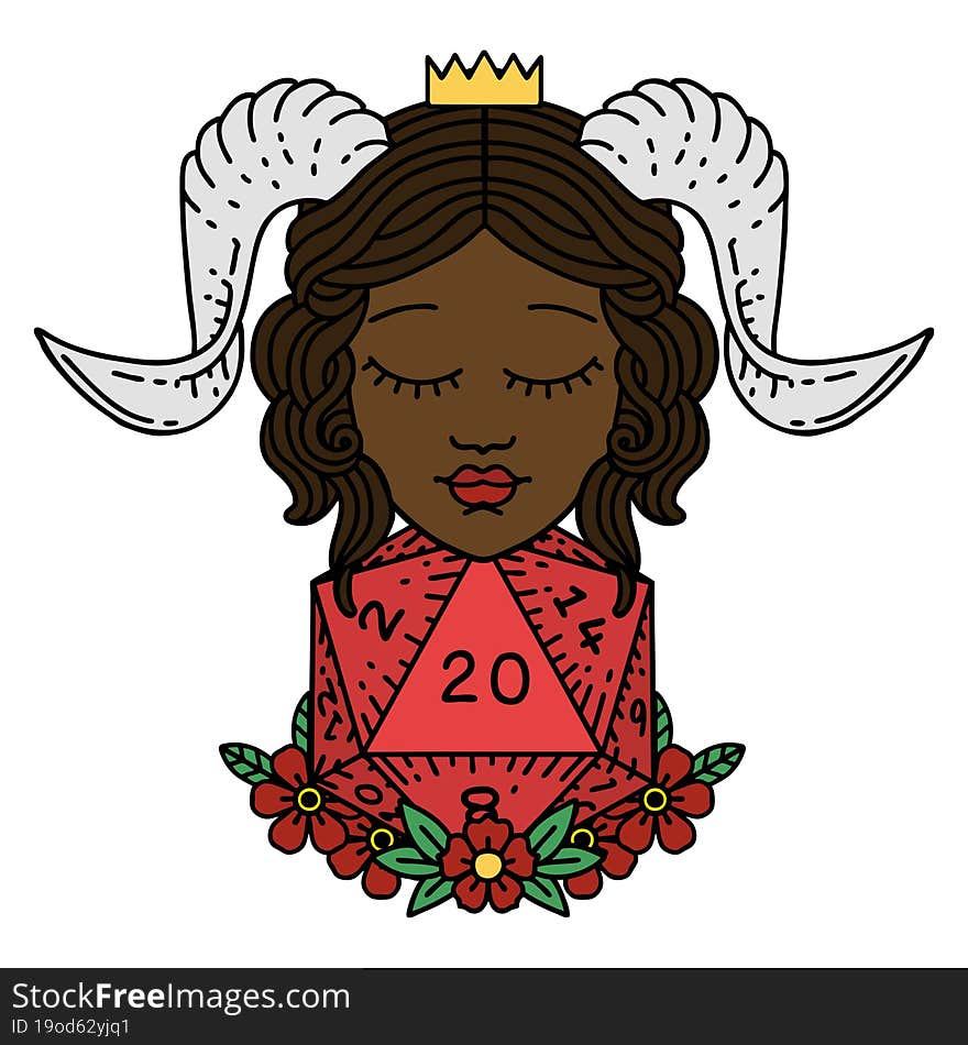 tiefling with natural twenty d20 dice roll illustration