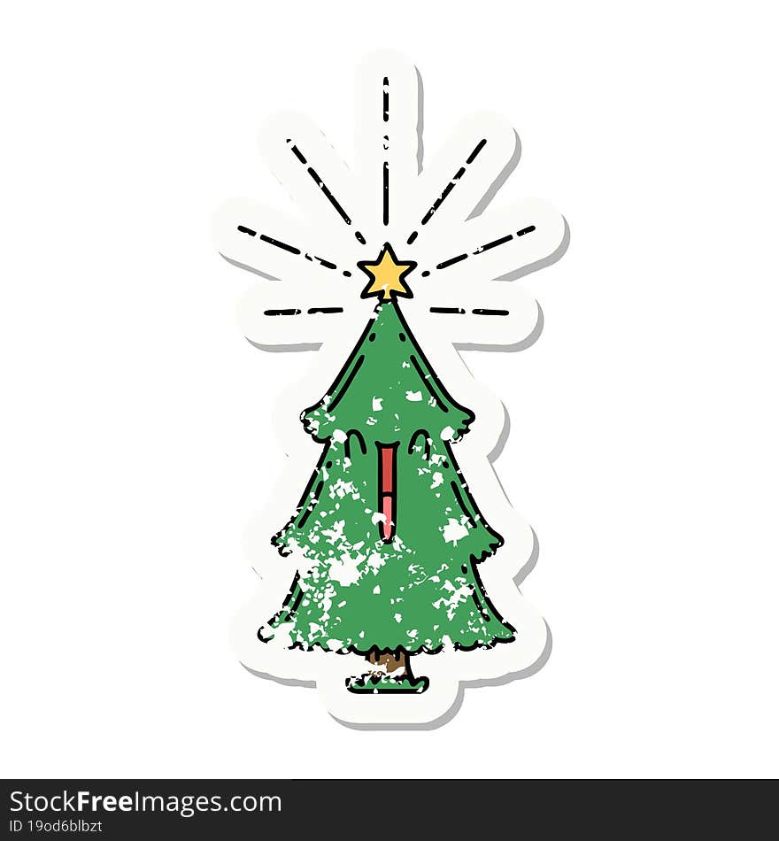 grunge sticker of tattoo style christmas tree with star