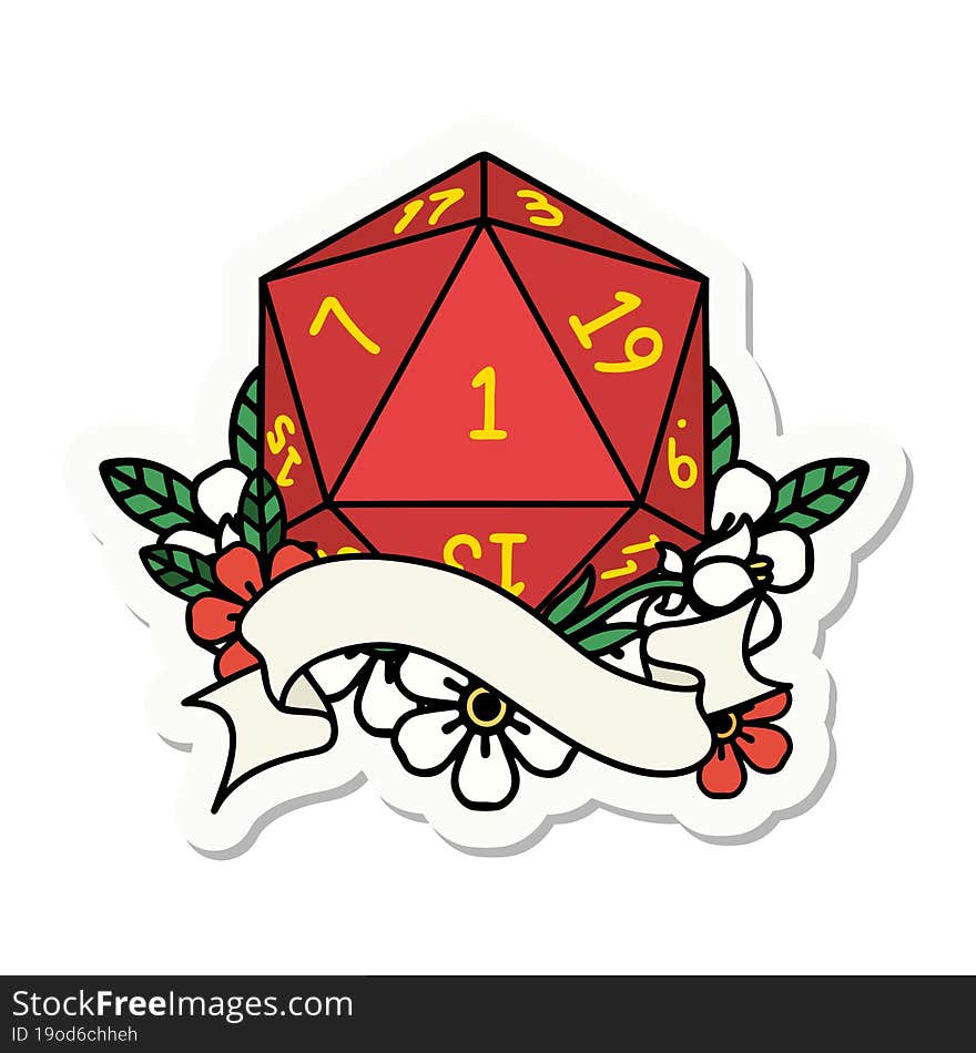 sticker of a natural one d20 dice roll. sticker of a natural one d20 dice roll