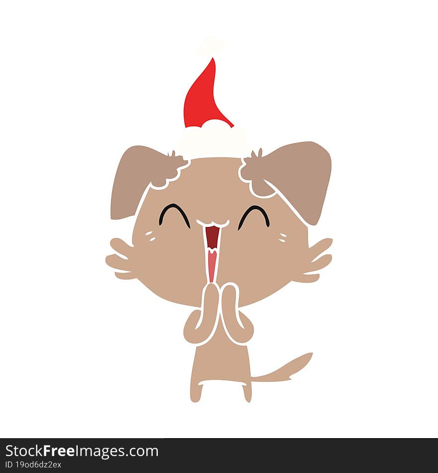 laughing little dog hand drawn flat color illustration of a wearing santa hat