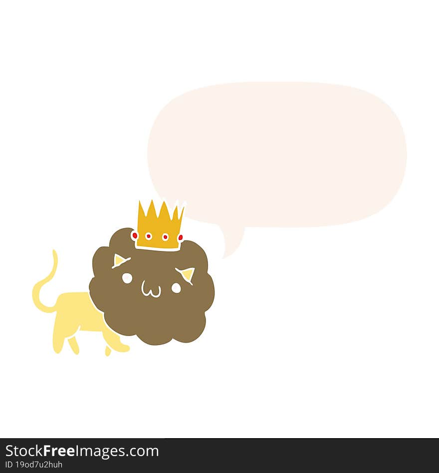 cartoon lion and crown and speech bubble in retro style