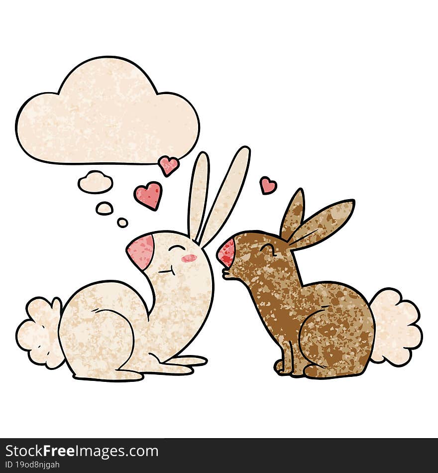 cartoon rabbits in love with thought bubble in grunge texture style. cartoon rabbits in love with thought bubble in grunge texture style