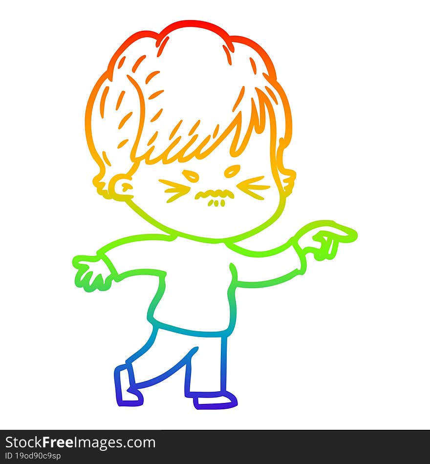 Rainbow Gradient Line Drawing Cartoon Frustrated Woman