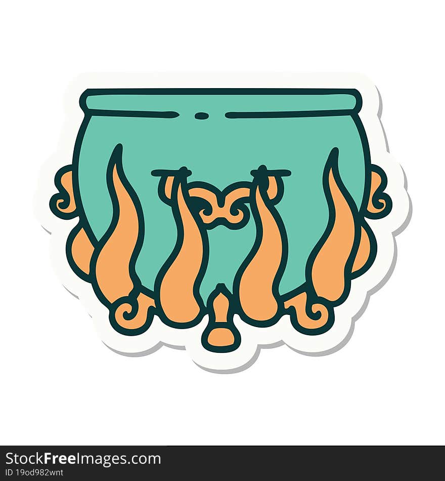 tattoo style sticker of lit cauldron