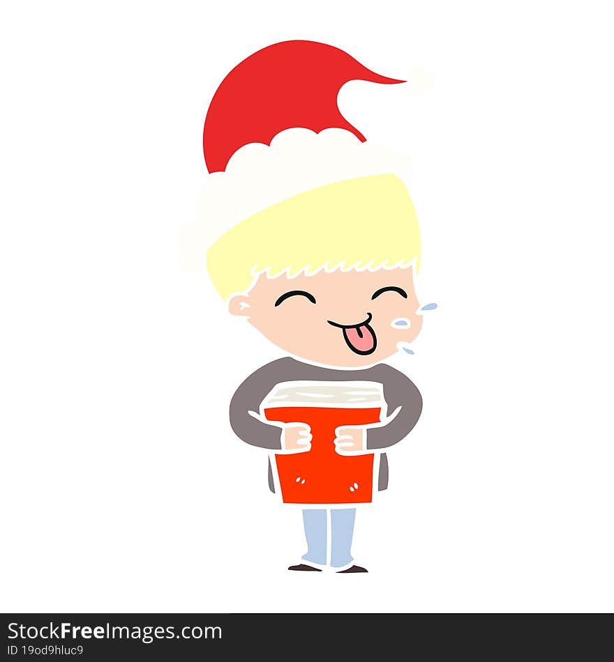 hand drawn flat color illustration of a boy wearing santa hat