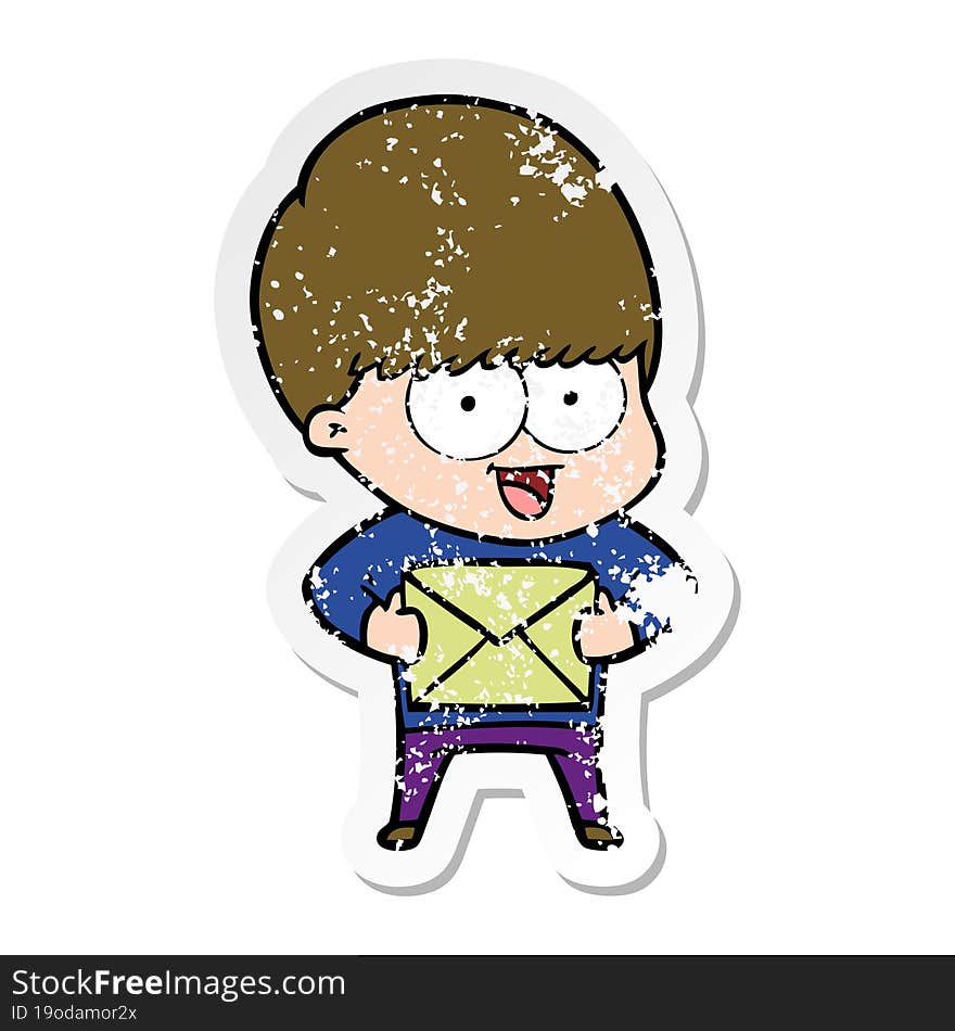 Distressed Sticker Of A Happy Cartoon Boy With Present