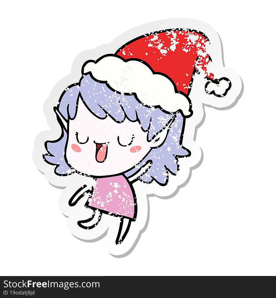 distressed sticker cartoon of a elf girl wearing santa hat