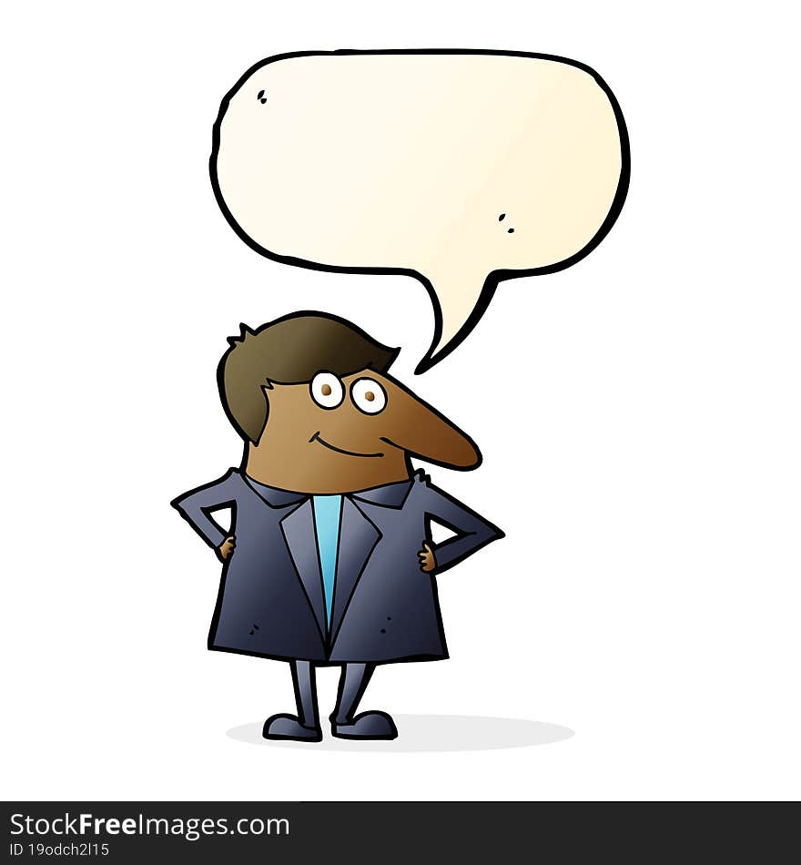 cartoon happy man in suit with speech bubble