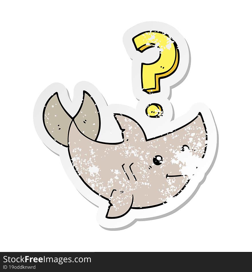 Distressed Sticker Of A Cartoon Shark Asking Question