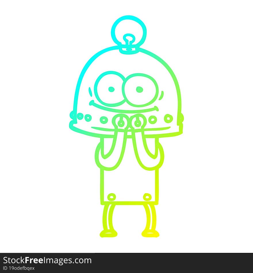 cold gradient line drawing of a happy carton robot with light bulb