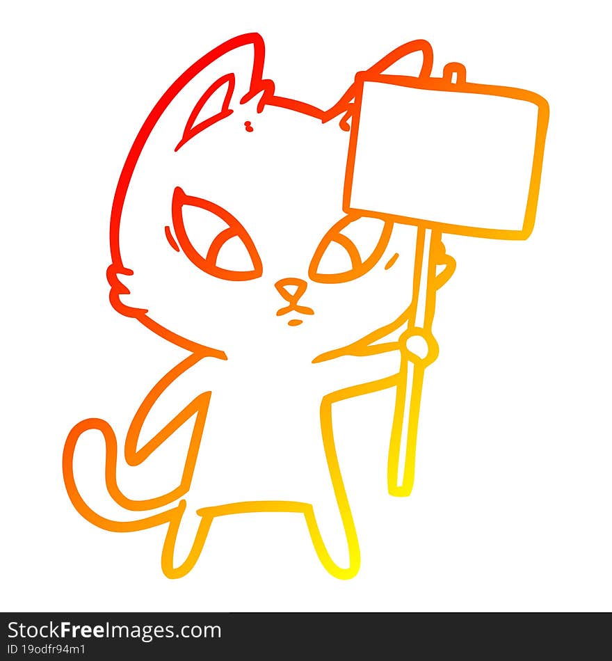 warm gradient line drawing of a confused cartoon cat with protest sign