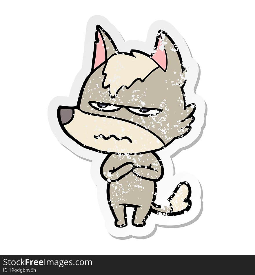 distressed sticker of a cartoon annoyed wolf