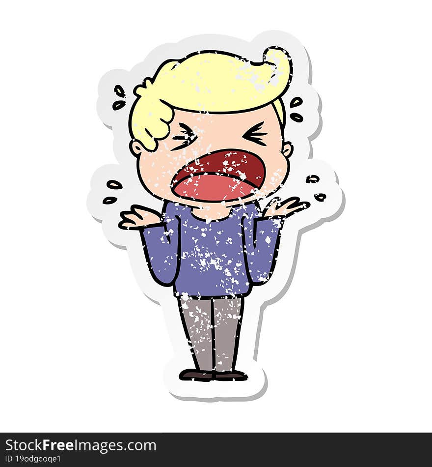 distressed sticker of a cartoon shouting man