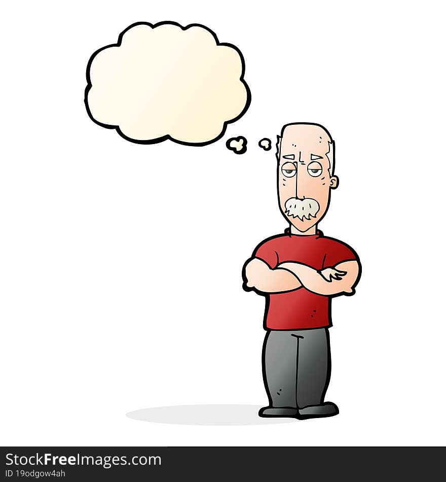 cartoon angry man with mustache with thought bubble